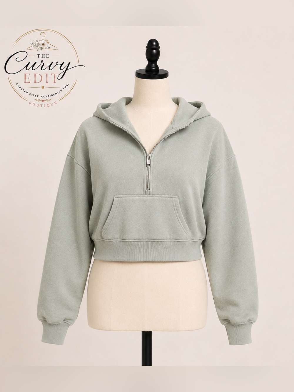 Trendy Queen Cropped Half Zip Hoodie Sweatshirt Sage Green XL Cozy Fleece Thumbs